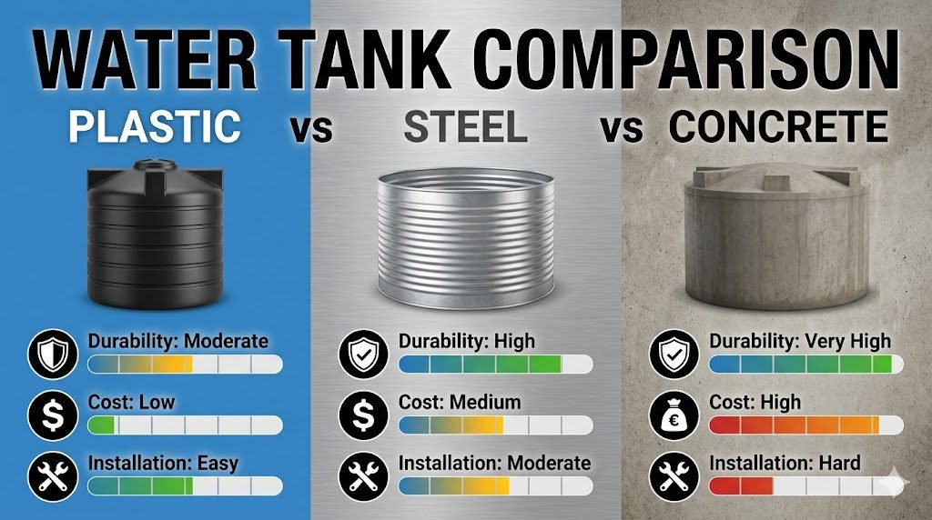 Plastic vs Steel vs Concrete Water Tanks: Full Comparison